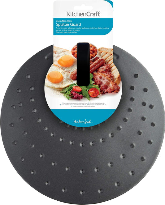 KitchenCraft Frying Pan Splatter Guard Lid with Handle, Metal Pan Lid, Dishwasher-Safe 31 cm (12''), Black