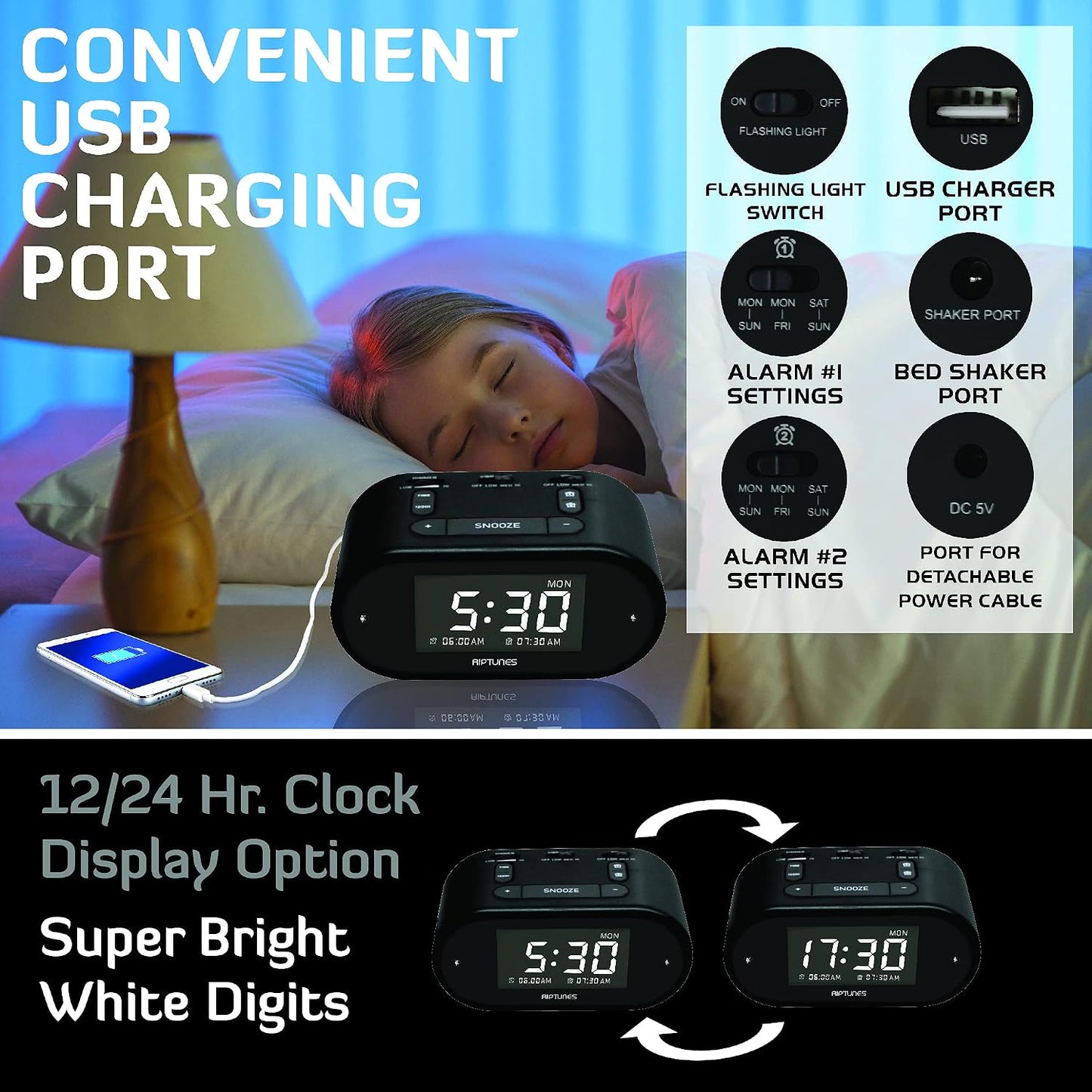 Riptunes Loud Alarm Clock with Bed Shaker for Heavy Sleepers & Hearing Impaired - Dual Alarm for Bedroom Weekday and Weekend Settings USB Charging, Dimmer, Snooze (Black)