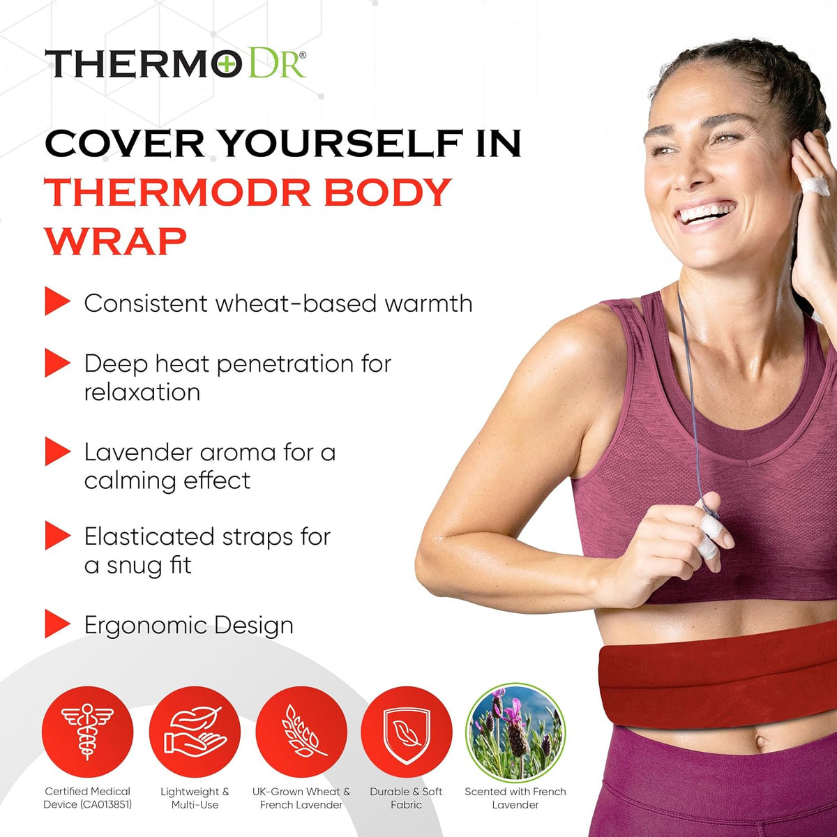 Microwavable Heating Pad for Neck, Back, & Shoulders - Heating Bean Bag Microwavable Pillow w/Elasticated Strap - Wheat & Unscented Heating Pad Wrap - ThermoDR, Red