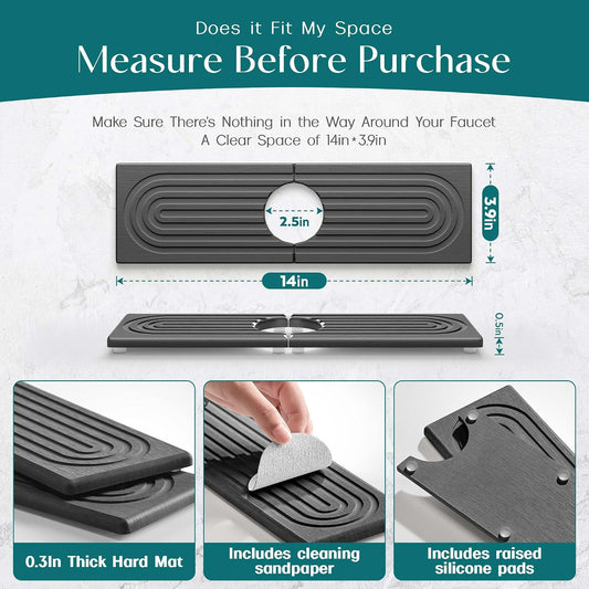 Faucet Splash Guard for Kitchen Sink, Kitchen Sink Faucet Mat with Raised Feet, Durable Drying Matt Kitchen Counter Stone, Water Absorbent Diatomite Drying Mat (Dark Grey, 23.6" x 3.9")