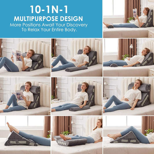 MEGCXIT 3PCS Bed Wedge Pillow for Headboard, Adjustable Wedge Pillow for Sleep Apnea, 23” Wide Triangle Pillow Wedge Set for After Surgery, Acid Reflux Relief, Snoring, Neck&Back Support, White/Grey