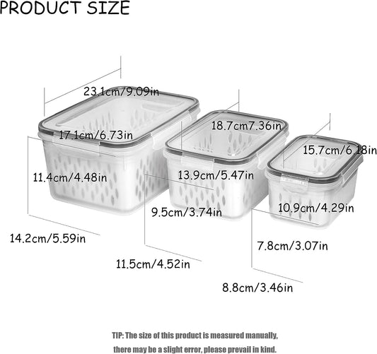 Fruit and Vegetable Storage Containers for Fridge, 6 Pcs/3 Sets Keep Fresh Produce Saver Containers Keeper, Food Storage Containers with Removable Colander (grey)