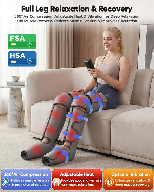 Air Compression Leg Massager with Heat : Leg Massager for Circulation and Pain Relief - Sequential Compression Boots with 9 Intensity, 4 Modes, 3 Heating, Vibration, for Women Men(Grey)