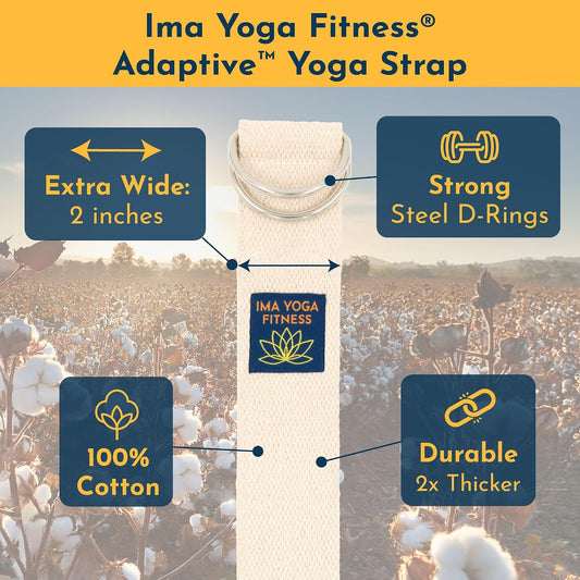 Adaptive Yoga Strap for Stretching - Extra-Wide 2 Inches 100% Cotton Stretch Strap with Steel D-Rings for Physical Therapy, Pilates & Flexibility - Storage Pouch & E-Book