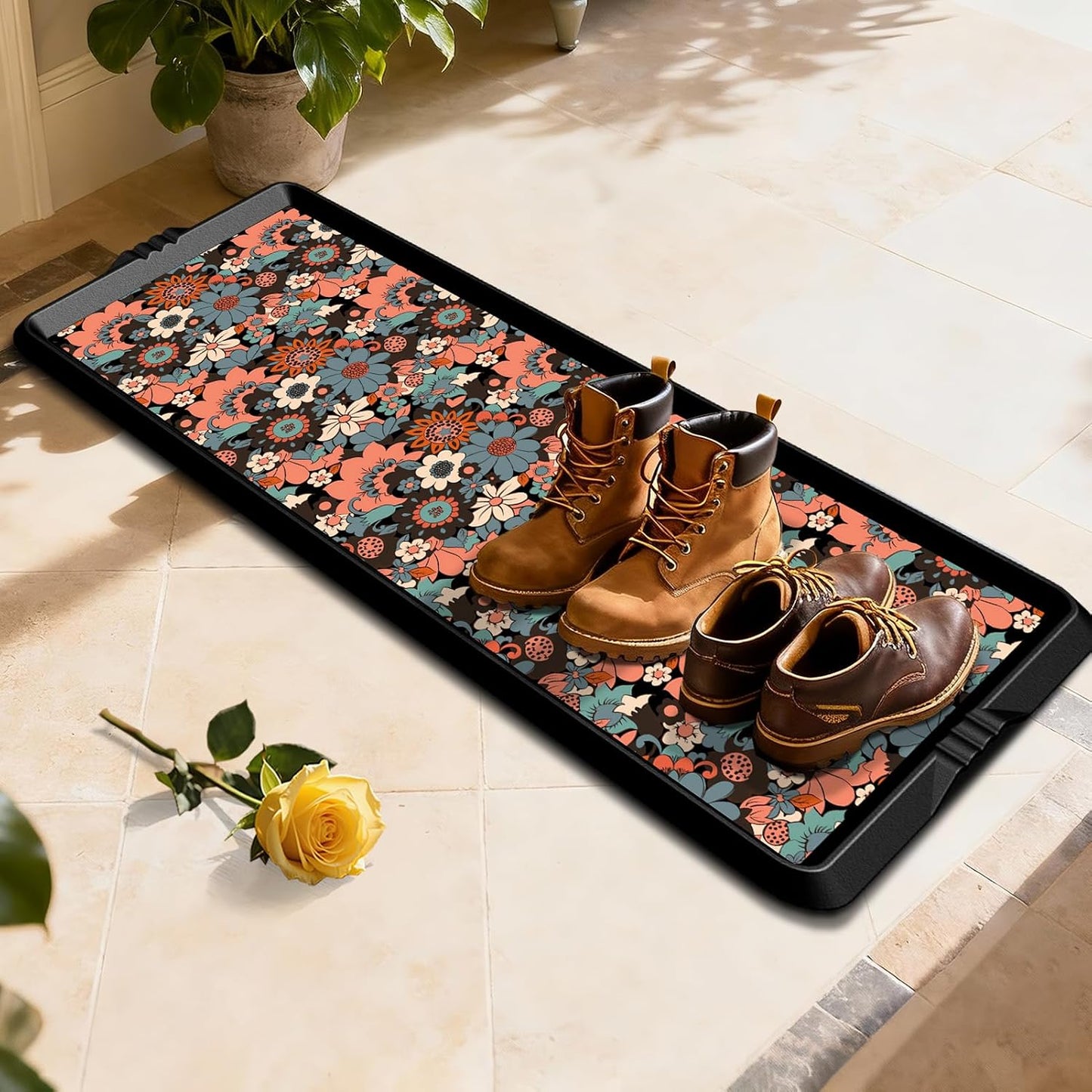BEHERO Boot Tray Shoe Mat Decorative Patterned, Rubber Shoe Matt Tray Indoor/Outdoor Use, 16" x27.5" Shoe Cleaning Mat Non-Slip, Shoe Storage Waterproof Flower Prints for Entryway, Velvet Bloom