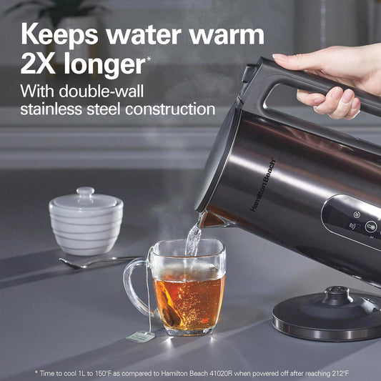 Hamilton Beach Digital 1.7L Electric Tea Kettle, Water Boiler & Heater | Fast Boiling 1500 Watts |Temp Control + 5 Presets | BPA Free | Cordless Serving | Auto-Shutoff & Boil-Dry Protection | Black