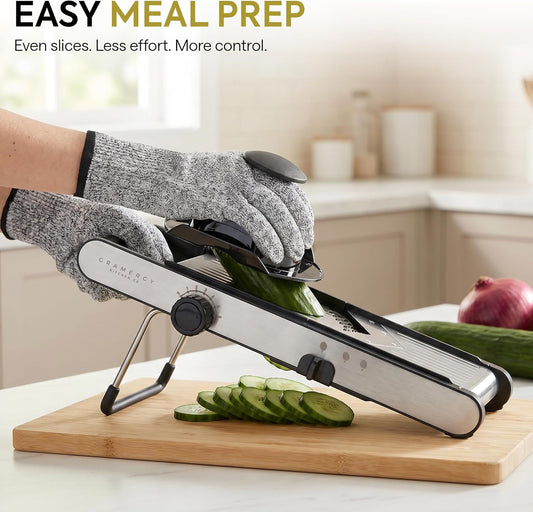 Gramercy Mandoline Slicer for Kitchen, Adjustable V-Blade, 36 Slice Options | Make Even Cuts with One Dial, 6 Thickness Levels, Straight, Waffle-Edge, Thick, Julienne, Safety Lock, Gloves, Cleaning Brush