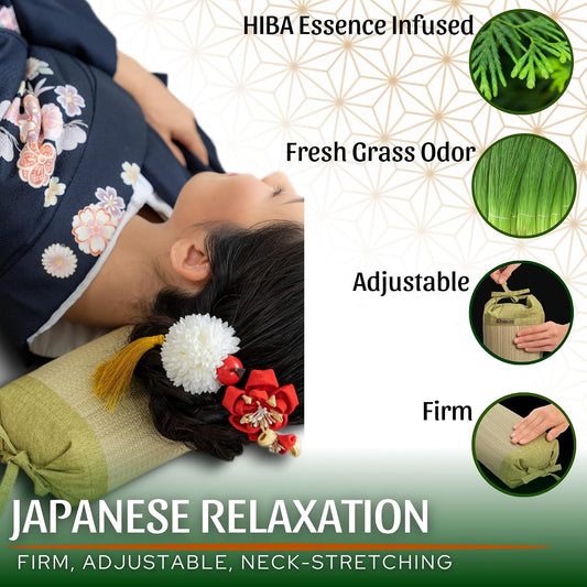 Japanese Neck Roll Pillow for Relaxation, Original Bolster Cylinder Pillow Made with Japanese Igusa Rush, Infused with HIBA Essence, Hard Cervical Pillow for Neck Stretch and Meditation, Made in Japan