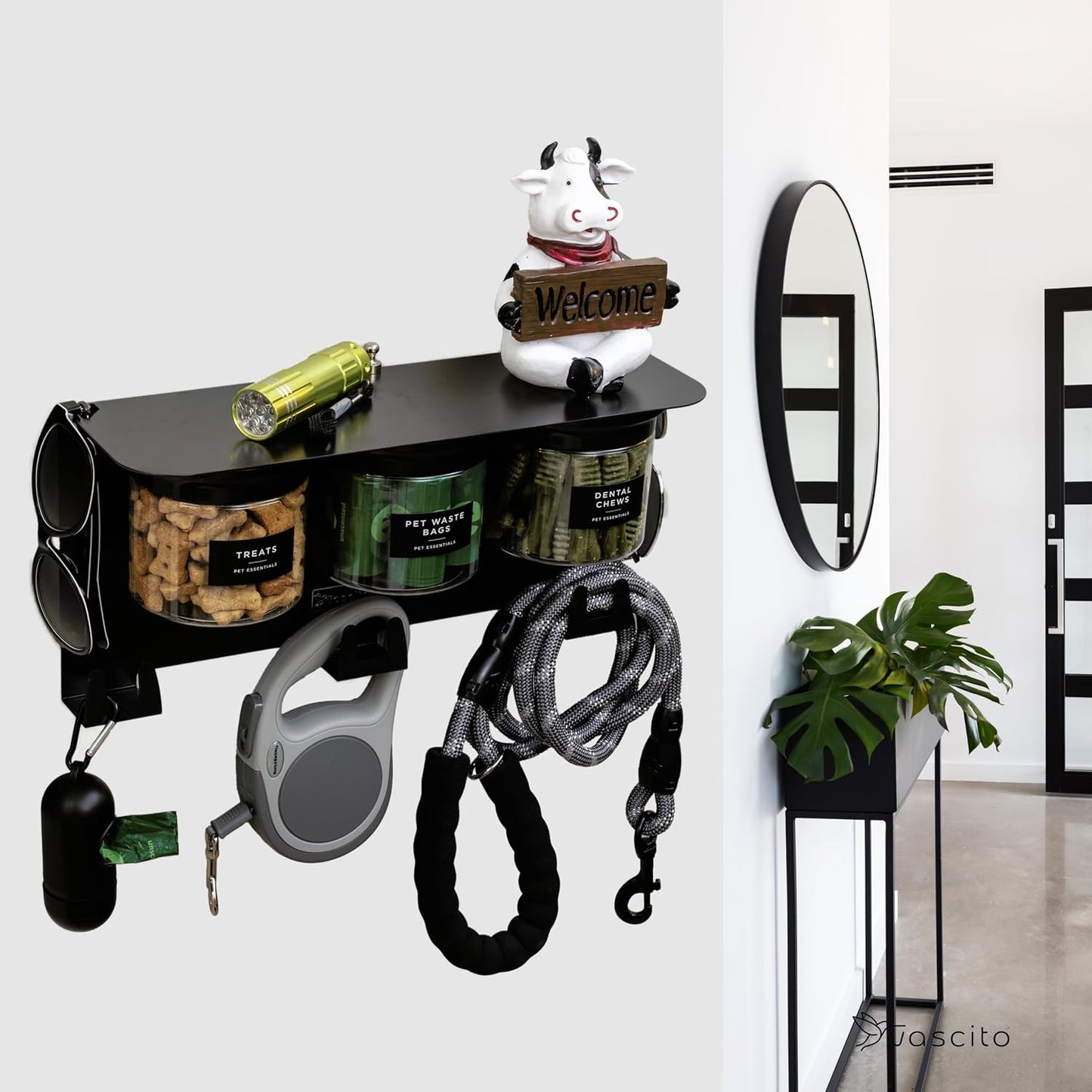 Dog Leash Holder for Wall with Shelf — Wall Mounted Dog Treat Holder & Station, 2 Airtight 32oz Treat Containers, 9 Hooks, Patented Lidless Slide-to-Seal Jars, Solid Steel, Made in USA