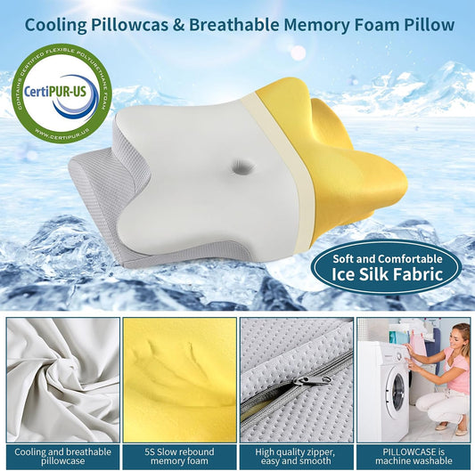Cervical Neck Pillow for Pain Relief, Contour Memory Foam Pillows for Sleeping, Ergonomic Pillow Orthopedic Cooling Pillow Bed Pillow Neck Support for Side Back Stomach Sleepers(Grey&White