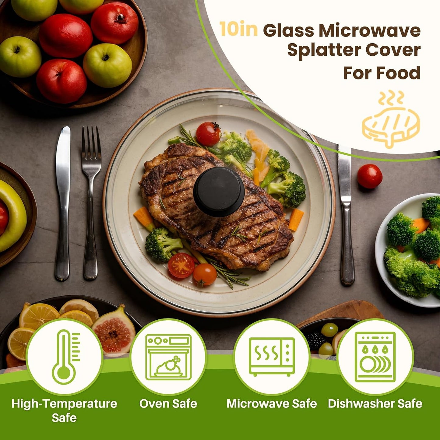 10in Glass Microwave Cover For Food, Glass Microwave Splatter Cover | Heat Resistant Tempered Glass Splatter Guard, Vented Universal Microwave Plate Cover, Dishwasher Safe