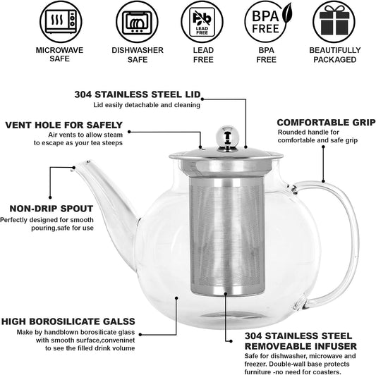 Long-Mouth Glass Teapot 34oz/1000ml with Removable Loose Tea Infuse - Glass Tea Kettle for Stove Top Removable Stainless Steel Strainer, Microwave & Dishwasher Safe, Tea Maker