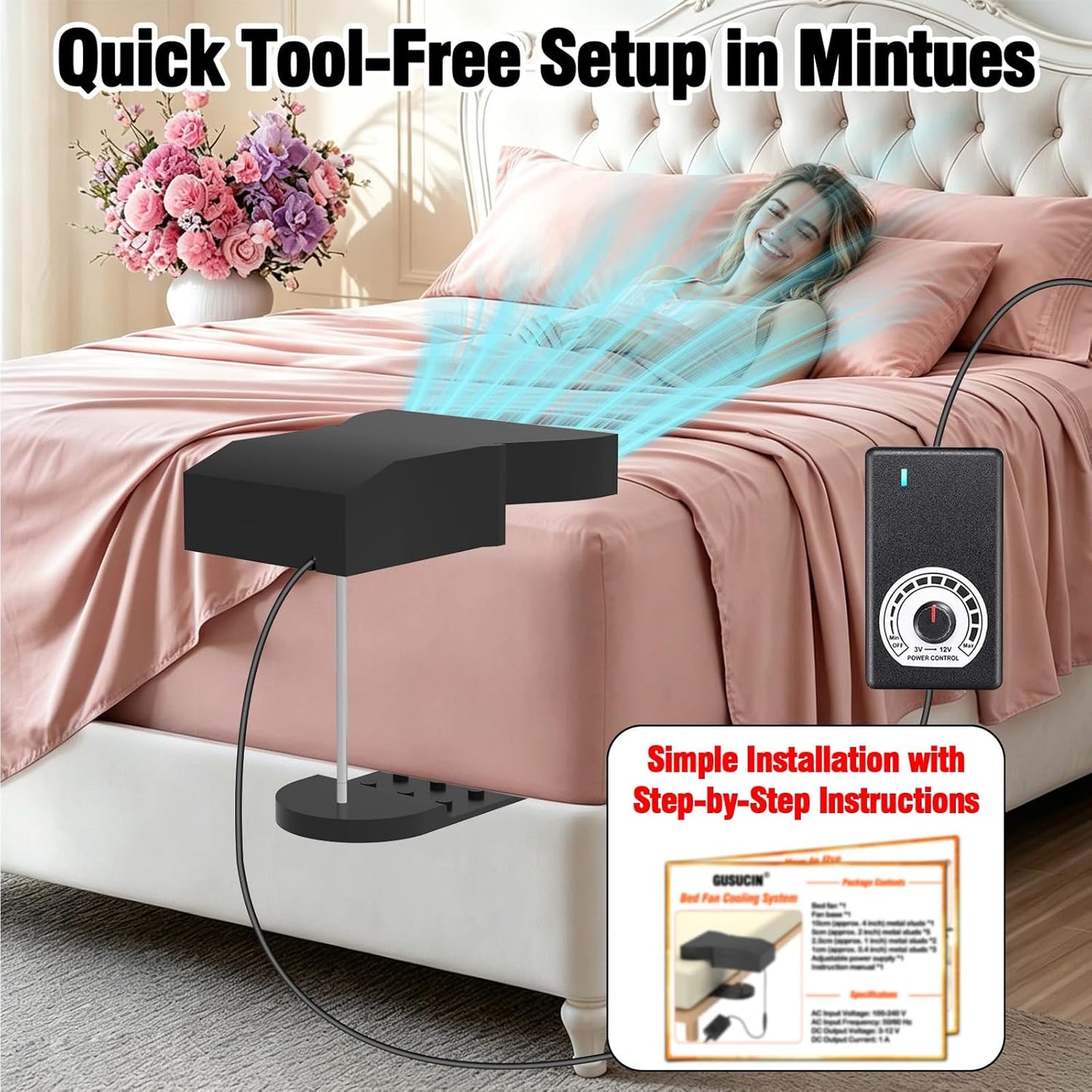 Under Sheet Bed Cooling System with Adjustable Fan Speed, Night Sweat Relief Cooling Fan for Bedroom, Bed Cooling Fan for Cooling and Sleep, Fits All Mattress Heights, Easy Installation (Black)