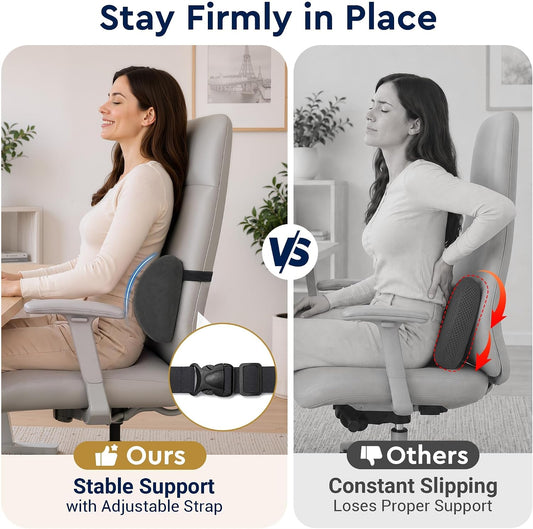 Lumbar Support Pillow for Office Chair, Lower Back Pillow with Strap, Gray