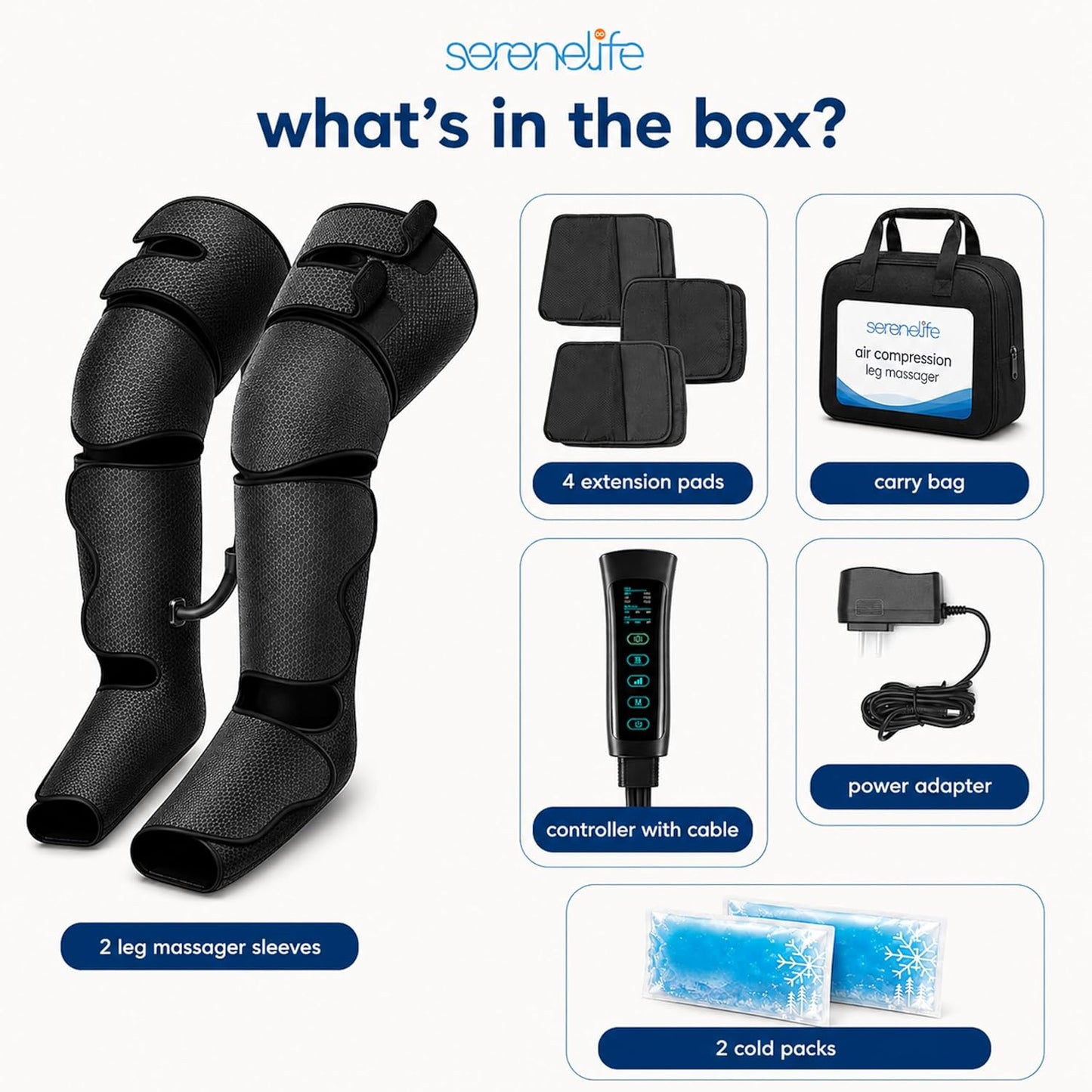 SereneLife Air Compression Leg Massager, Full Leg Massager with Heat and Compression, Ice Pack, Portable and Adjustable with 6 Modes 3 Vibrations 3 Intensities, 11 Airbags for Thigh Calf Foot Massage