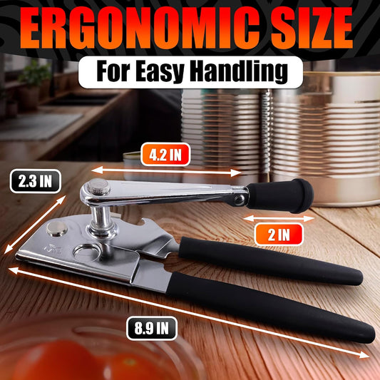 Heavy Duty Commercial Can Opener – Stainless Steel Can Opener for Large & Small Cans, Manual 360° Smooth Crank with Ergonomic Long Handles, Non-Slip Grip, 2-in-1 Bottle Opener for Restaurants & Home
