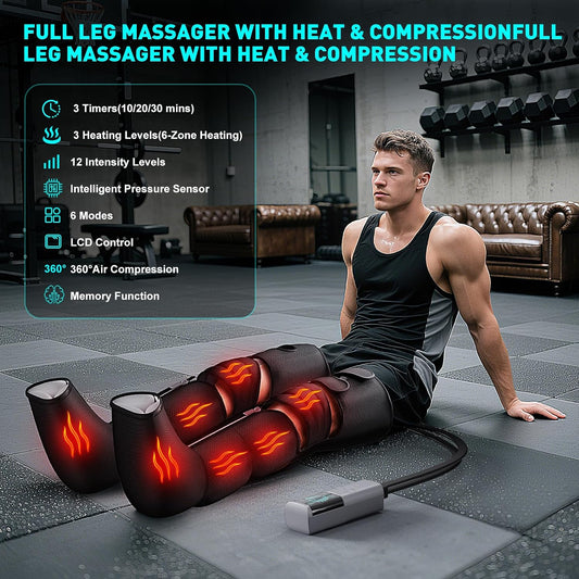 Leg Compression Massager for Circulation and Pain Relief, Compression Boots with Heated Knee, 6 Modes 12 Intensities 3 Timers, Foot Calf Thigh Recovery Machine, Gifts for Man Woman, Black