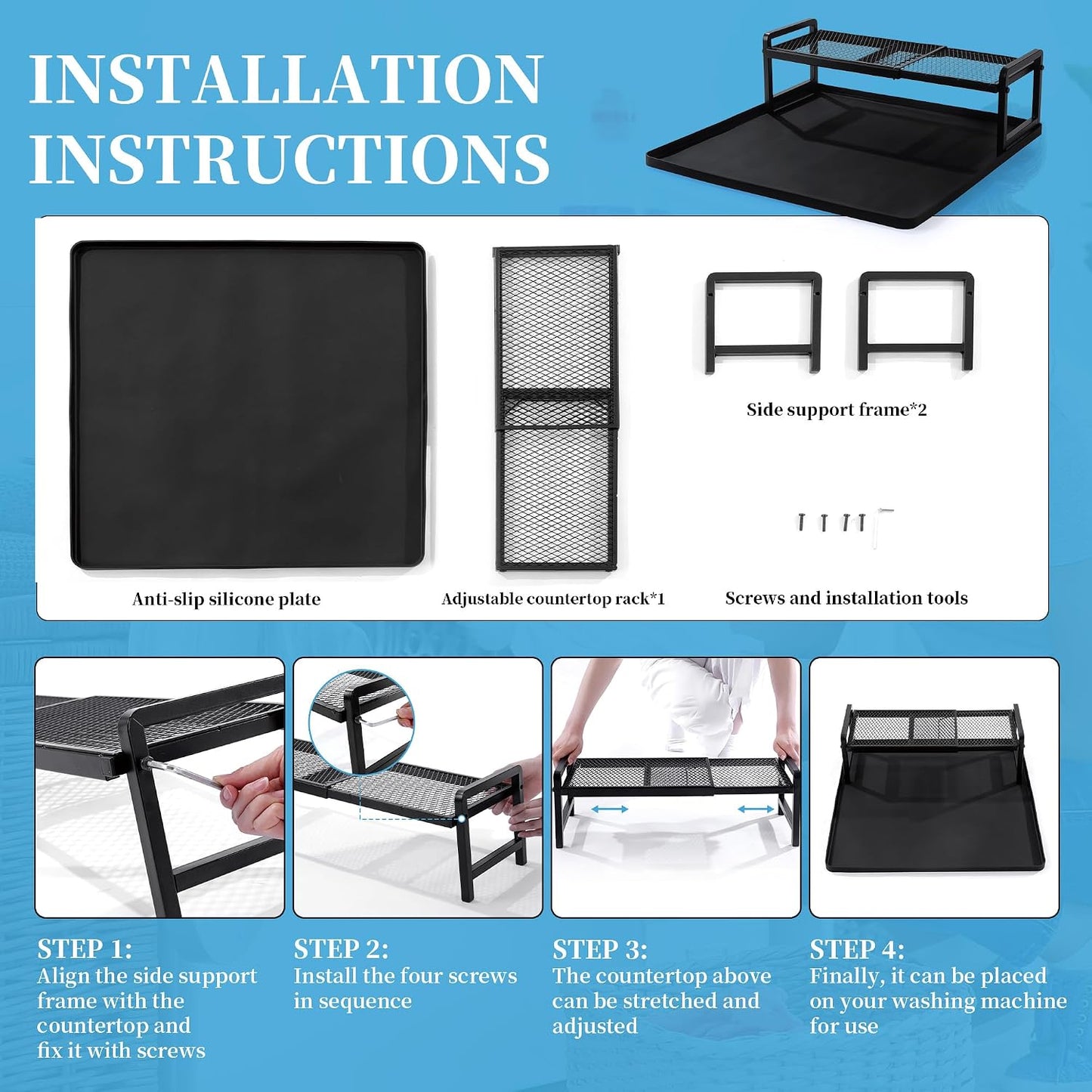Washer Dryer Countertop with Adjustable Shelf, Expandable Washer and Dryer Countertop with Non-Slip Mat, Universal Fit Large Space Laundry Room Organization(23.6x8.6x7in)