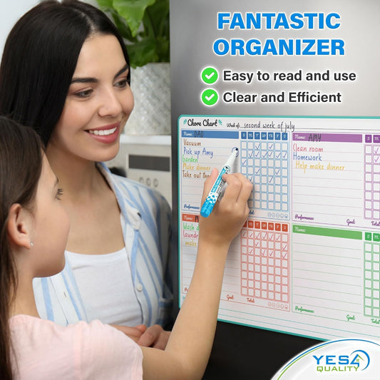 Magnetic Dry Erase Chore Chart for Fridge - 14 x 11 Inch - Whiteboard Organizer with Shopping List, 6 Colorful Markers & Eraser - Refrigerator White Board for Family Tasks & Schedules - by Yes4Quality