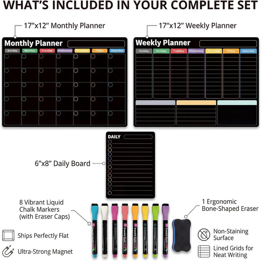Magnetic Calendar for Refrigerator, Fridge Calendar 3-Pack | Monthly Weekly Daily Dry Erase Calendar Planner Set with Nano-Tech Surface, 17"x12" Magnetic Whiteboard, 8 Markers & Eraser