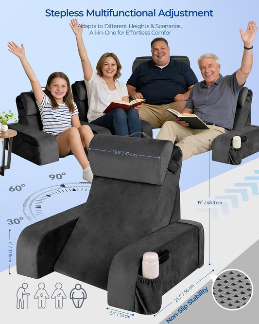 Kayfia Reading Pillow, 30-90° Stepless Adjust Angle & Height, Large, Grey | 2 in 1 Back Wedge Pillow for Bed Sitting up, Adjustable Headrest, Backrest Pillow for Reading/Gaming/Working in Bed or Couch