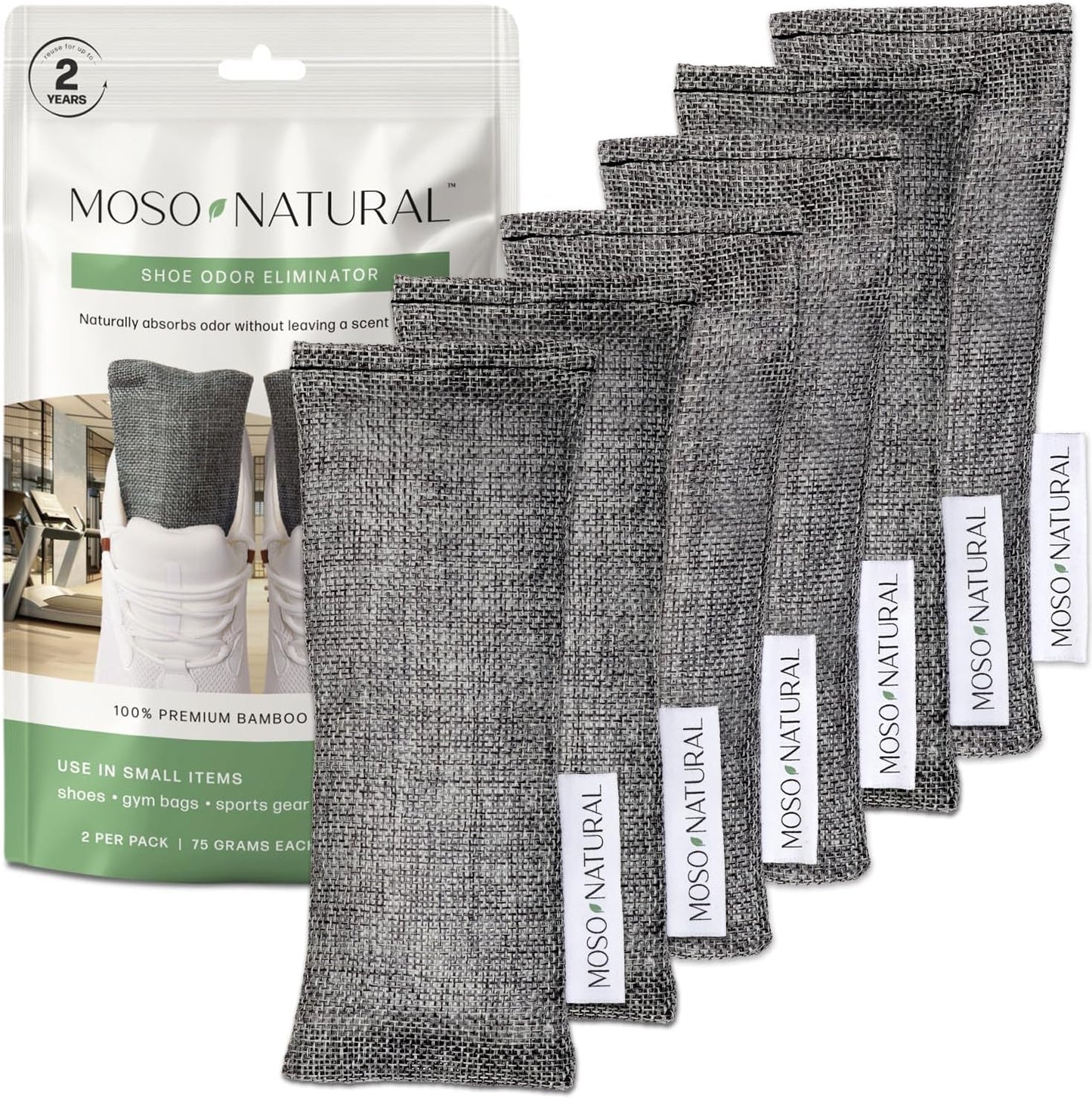 Moso Natural Shoe Deodorizer Inserts, Charcoal Odor Absorber for Shoes, Gym Bag & Boot Deodorizer, Unscented Shoe Odor Elimination, Air Purifying Bags, Lasts 2 Years (2 Bags)