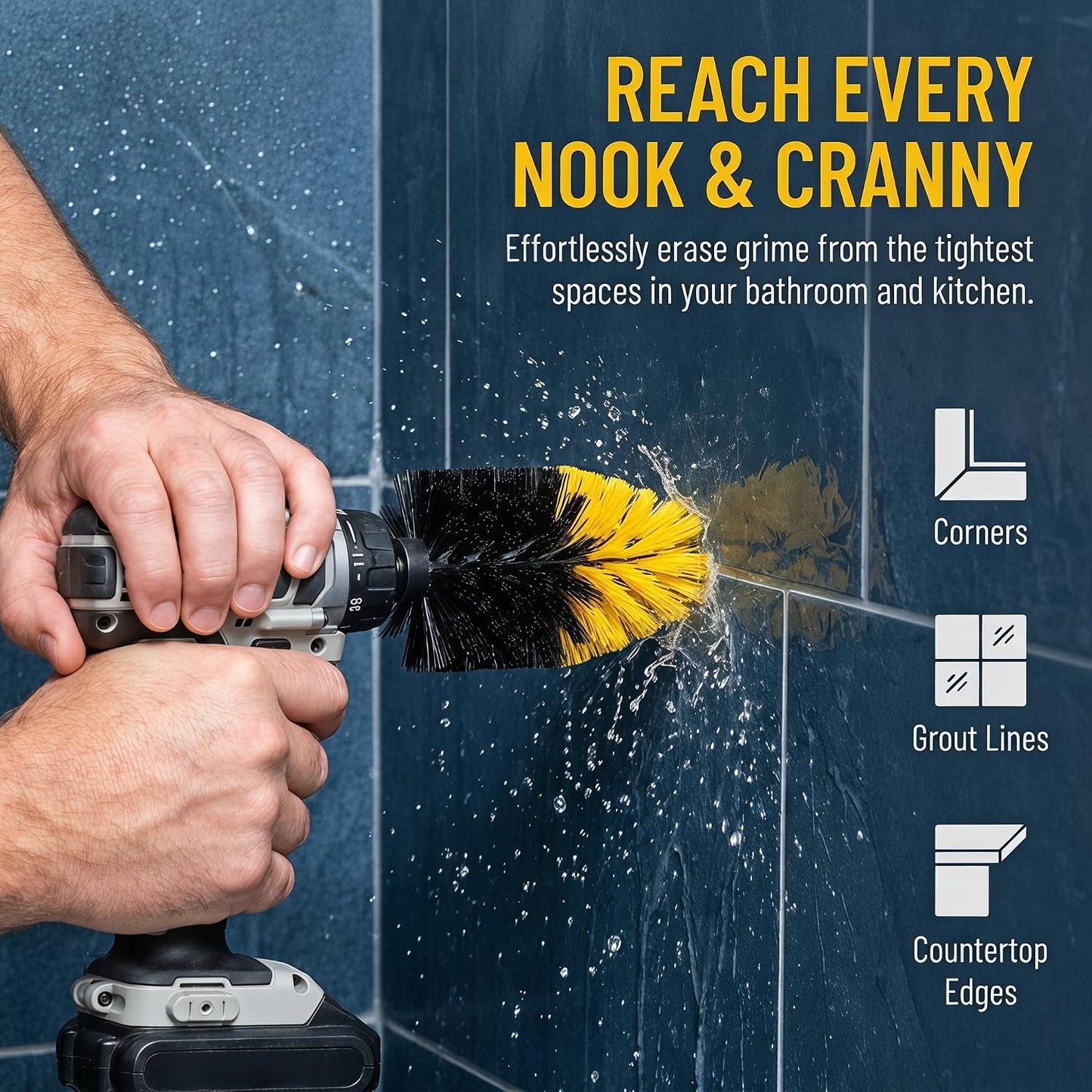 2 Pack 1/4″ Corner Drill Brush Attachments for Cleaning Tile Grout Corners | Sinks, Bathtub & Kitchen Surfaces, Hex Shank Power Scrubber Brush for Drill, Nylon Bristles, Tapered Cone Design