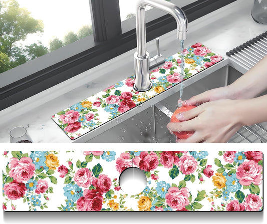 Kitchen Sink Splash Guard Faucet Mat Super Absorbent Fast Drying Mat Sink Gadgets Splash Guard Behind Faucet Drip Catcher for Kitchen (Pink Red Roses Floral, 23.5x5.5in)