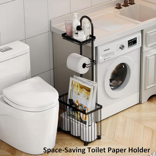 Freestanding Toilet Paper Holder Toilet Tissue Rack Scroll Stand Roll Dispenser with Storage Shelf Reserve for Phone Tablet Magazine Bathroom Organizer Bath Tissue Organizer (Silver)