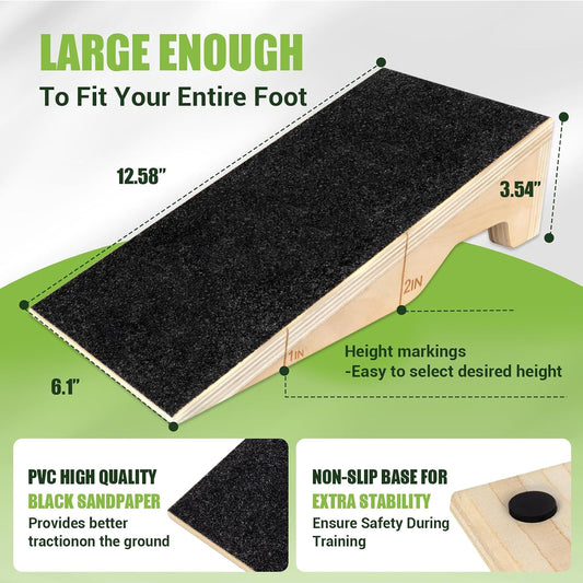 Squat Wedge Block, 1800 LBS Capacity, Wooden Squat Wedge for Heel Elevation | Storage Bag & Training Poster, 2-Pack Non-Slip Slant Board for Gym Squats to Improve Ankle Mobility, Balance & Weightlifting