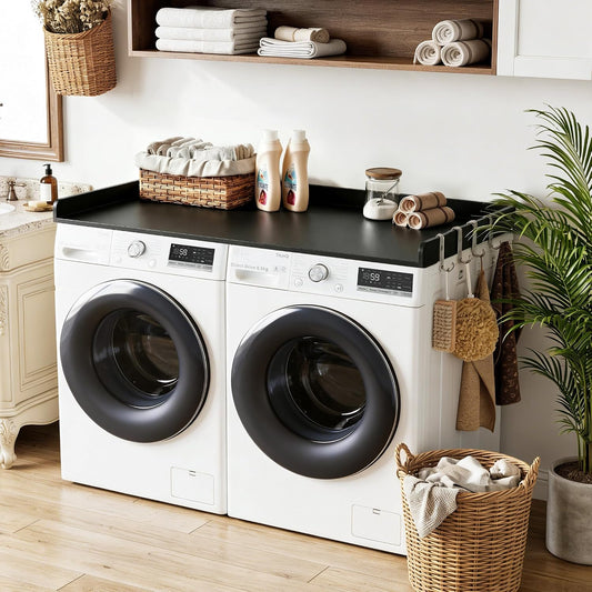 2-Tier Washer Dryer Countertop with Shelves & Metal Hooks, 27" W x 27.5" D Large Laundry Topper for Room Organization & Folding Clothes & Storage(Oak)