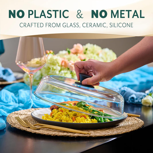 Le'raze Tall Glass Microwave Splatter Cover - Cool Touch Easy Grip Handle | Durable Borosilicate Glass, Plastic Free, Lead & BPA Free, Dishwasher Safe, Dual Steam Vents, Clear Food Plate Guard Lid
