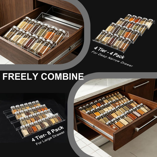 Expandable Acrylic Spice Drawer Organizer – 4-Tier Clear Seasoning Rack Insert for Kitchen Drawers, Adjustable from 9" to 18", Fits Most Spice Jars (Jars Not Included) 8-Pack