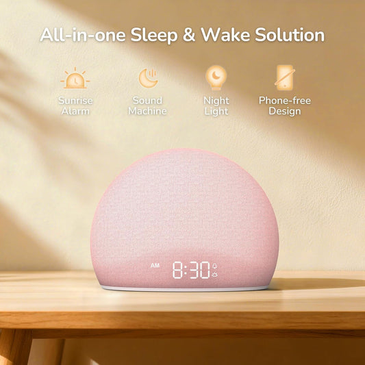 HOUSBAY Sunrise Alarm Clock with White Noise Sound Machine for Bedroom | Wake-Up Light, 5 Gentle Alarm Sounds, 20 Soothing Sleep Sounds, Dimmable Display, Phone-Free Bedside Clock - Pink