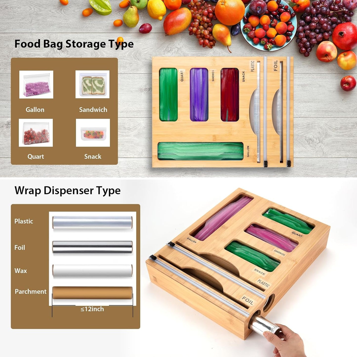 Storage Bag Organizer with Foil and Plastic Wrap Organizer , Aluminum Foil Dispenser with Cutter, Bamboo 6 in 1 Baggie Organizer Suitable for Gallon, Quart, Sandwich, Snack