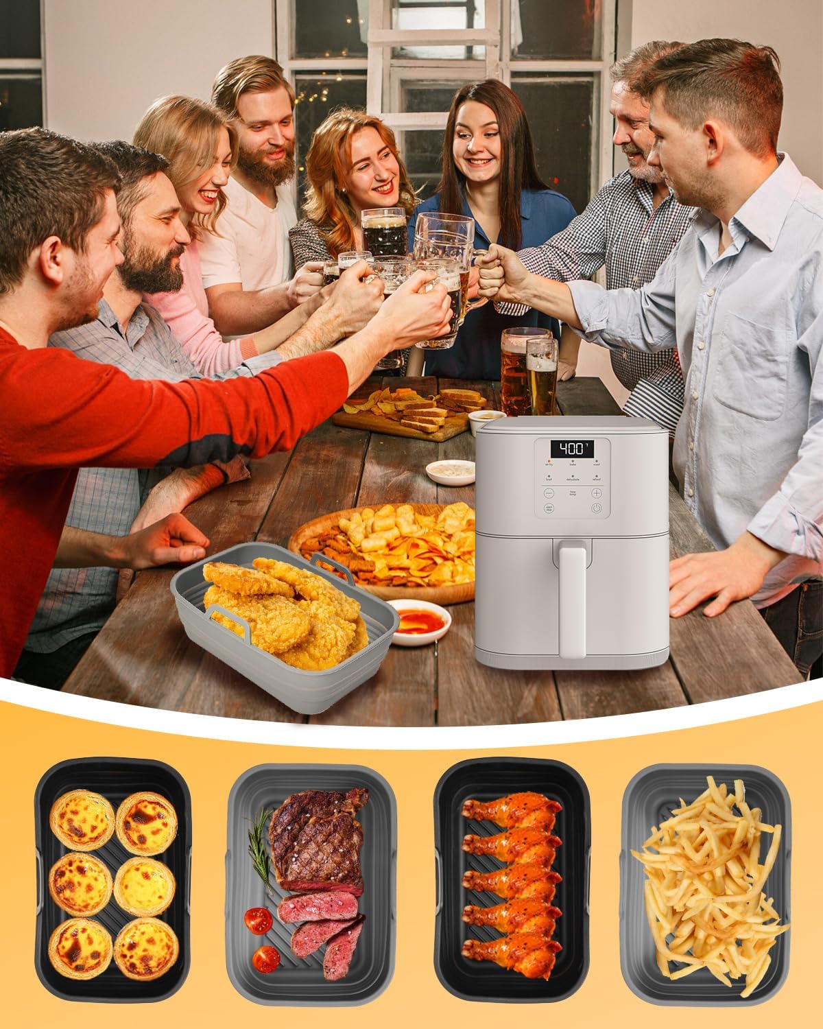 Air Fryer Silicone Liners Collapsible 2-Pack for bella Slim 4Qt(3.3lb) | Reusable Airfryer Silicone Pot Baking Basket Insert Accessories, Non Stick, Easy Cleaning, Gray+Black