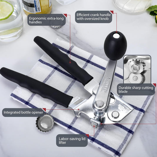 UHIYEE Commercial Can Opener Heavy Duty, Hand Crank for Large Cans, Black | Manual Can Opener, High-Carbon Blade, Extra-Long Handle, Oversize Knob, Built-in Magnet & Bottle Opener, For #10 Cans