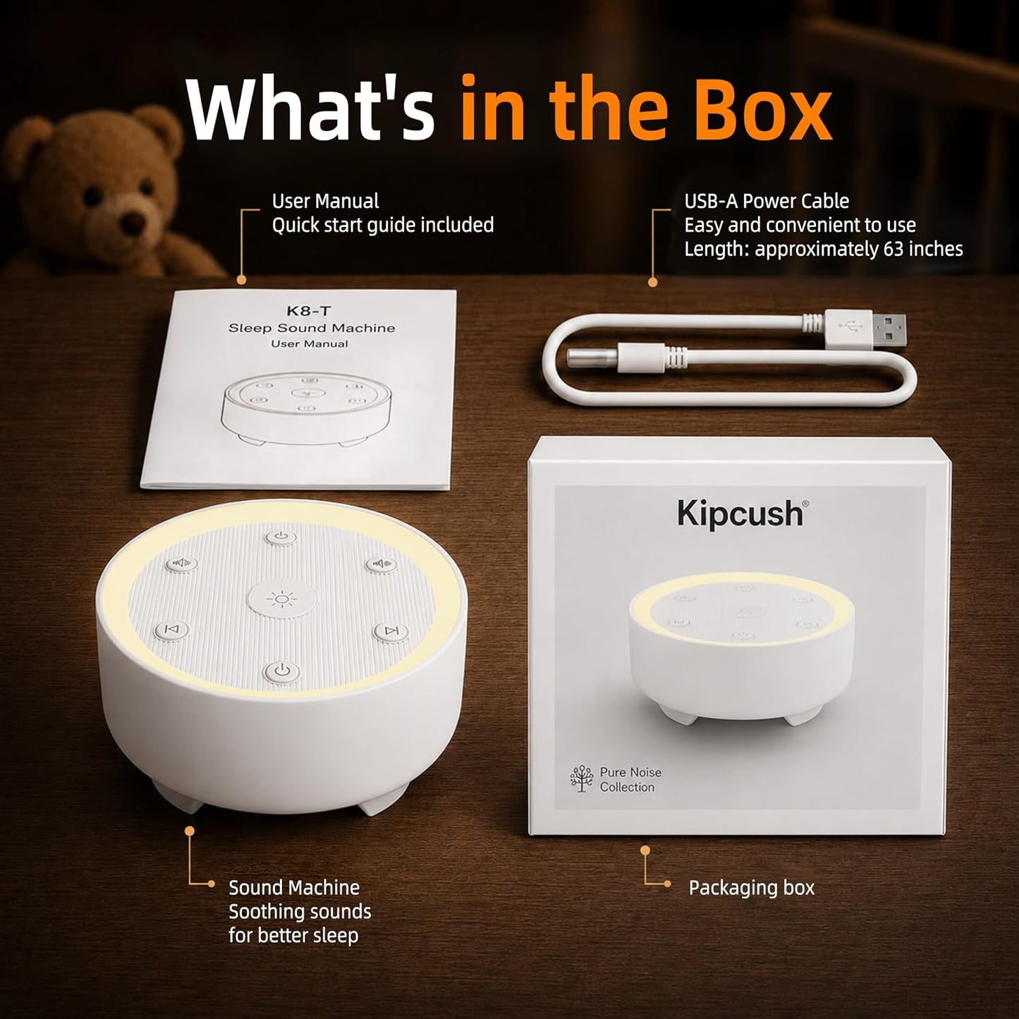 Kipcush White Noise Machine for Sleeping, Baby & Adults, High-Fidelity Non-Looping Sounds, Sleep Sound Machine with Dimmable Night Light, USB Powered, Memory Function, Home, Nursery & Travel