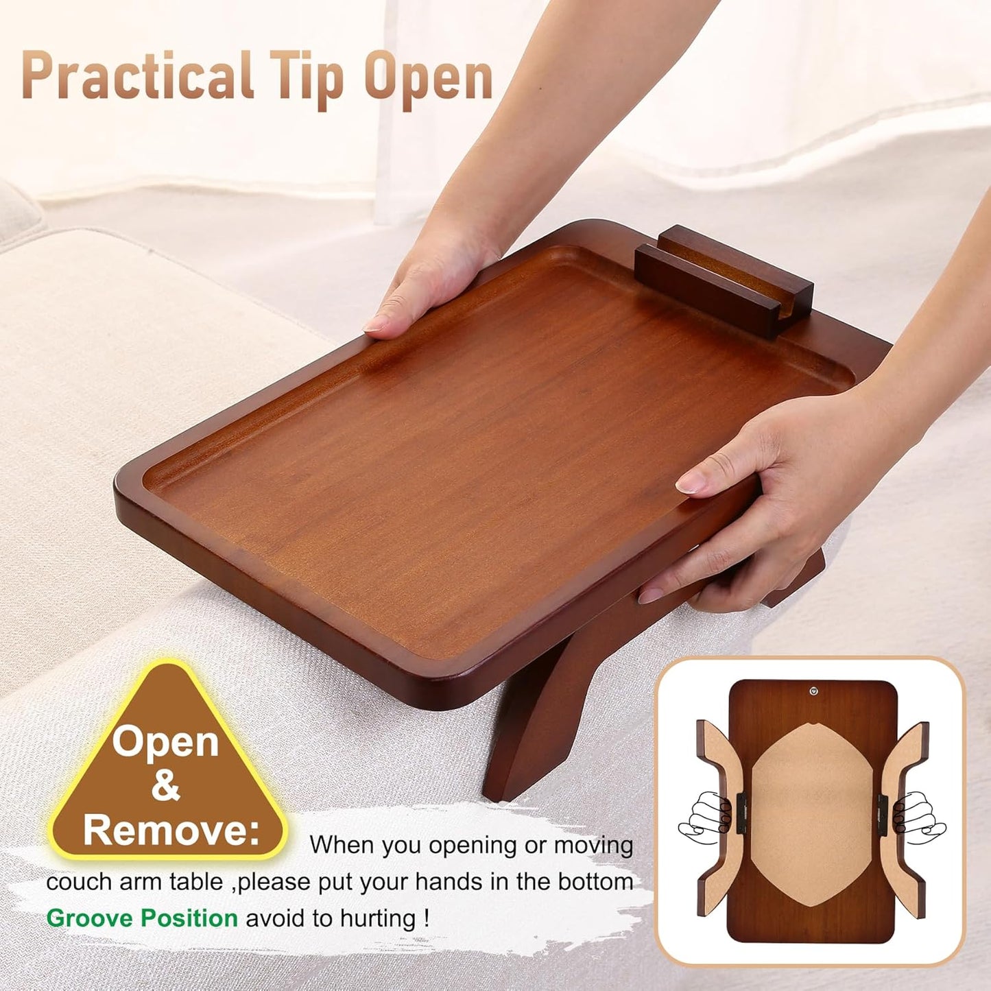 Couch Arm Tray,Bamboo Sofa Clip on Side Table,Foldable Couch Armrest Table with 360°Rotating Phone Holder,Anti Slip Food Trays for Eating/Drinks/Snacks/Remotes 15.35" x 9.85"