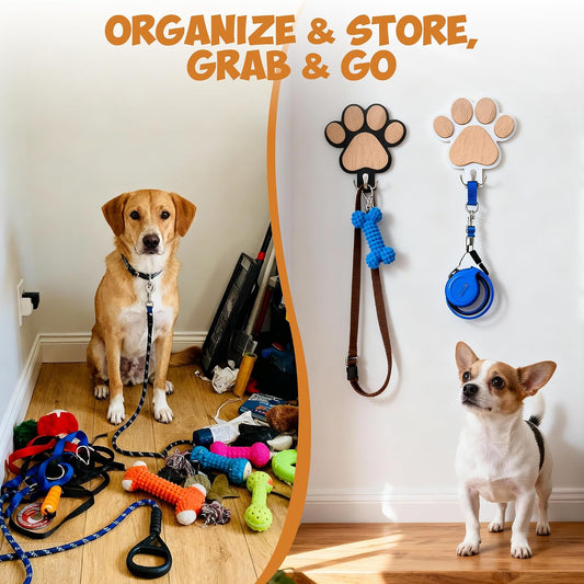 2-Pack Dog Leash Holder, Wooden Paw Wall Hooks for Entryway | Paw-shaped panels add playful pet decor, helping dog owners organize daily essentials without cluttering tables or floors