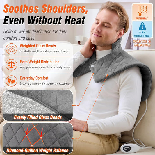 Shoulder Heating Pad for Neck and Shoulders and Back, Fathers Gifts for Men Husband, Birthday Gifts for Women Men Her, Weighted Heating Pad for Neck with 9 Heat Options 4 Auto-Off Timer, Grey