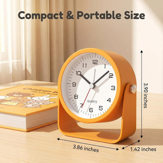 Small Desk Alarm Clock for Kids, 3.5 Inch Battery Operated Analog Silent Clock with Adjustable Angle and Warm Night Light, Cute Vintage Metal Bedside Clock for Children's Room Boys Girls