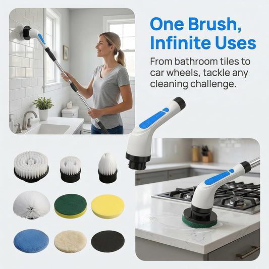 Electric Spin Scrubber - Ditch the Scrubbing! Long Handle Shower Scrubber with 9 Replaceable Heads & 2 Speed Cordless Brush in Modern White!