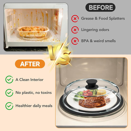 10inch Glass Microwave Splatter Cover for Food with Silicone Mat – Heat Resistant Plate Splatter Guard Lid with Vent Holes & Easy-Grip Handle – BPA Free, Dishwasher Safe