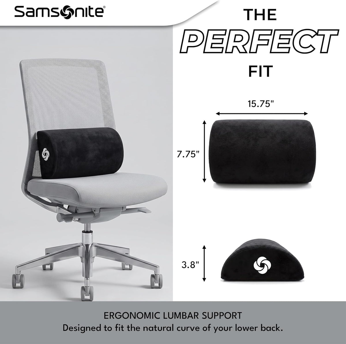 SAMSONITE - Half Moon Lumbar Support Pillow, Elevates Comfort, 100% Pure Memory Foam, Fits Most Seats
