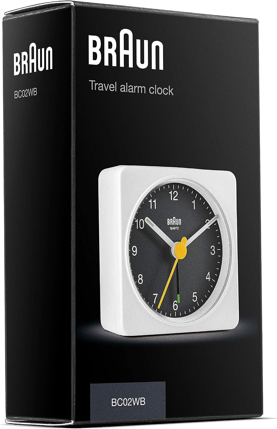 Braun Classic Travel Analogue Alarm Clock with Snooze and Light, Compact Size, Quiet Quartz Movement, Crescendo Beep Alarm in Black and White, Model BC02XBW.