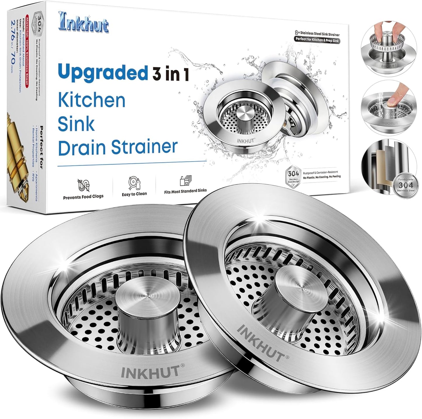 Upgraded 3 in 1 Kitchen Sink Drain Strainer | Stainless Steel Sink Stopper, Anti-Clogging Food Catcher Basket, Bounce Core Drain Strainer Plug for 3 1/2 inch Drain