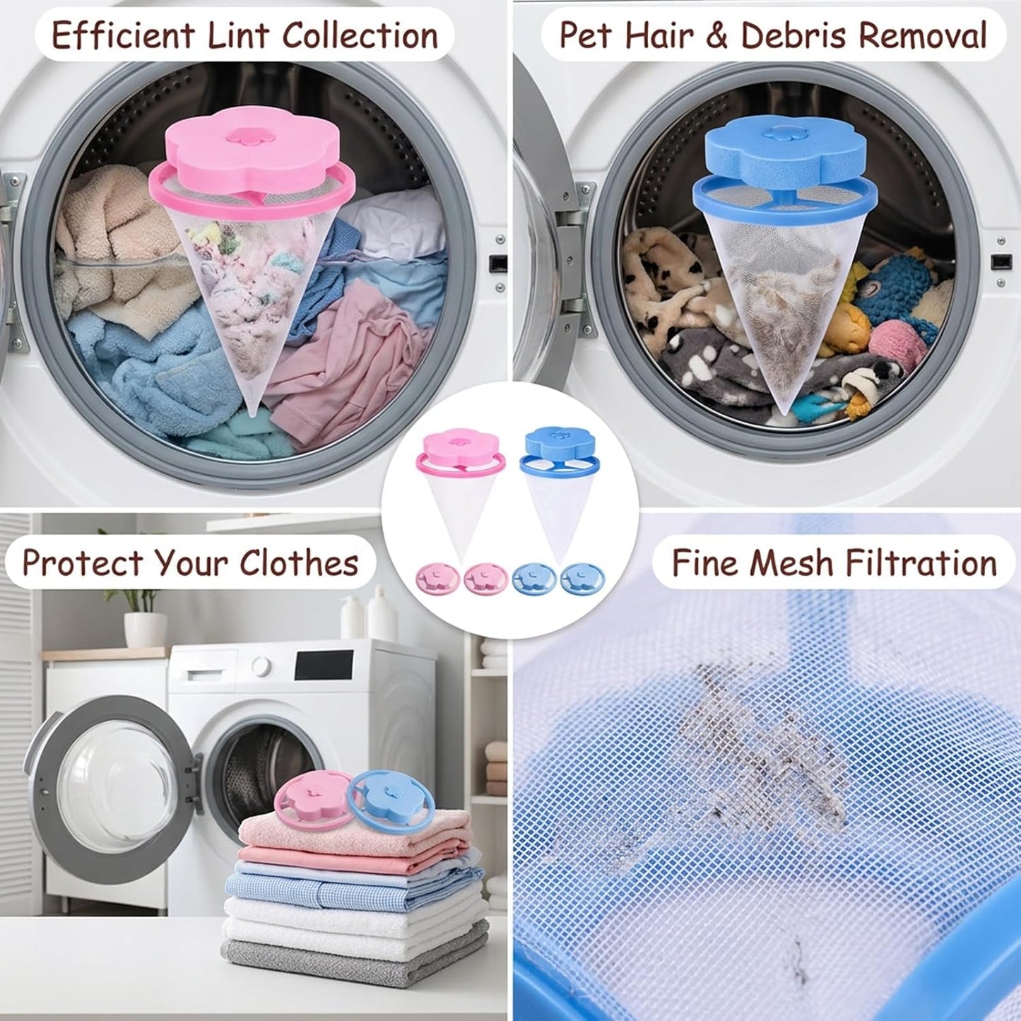 6 PCS Washer Lint Catcher, Pet Hair Remover for Laundry, Catcher for Washing Machine, Hair Catcher for Washing Machine, Laundry Hair Catcher, Pink and Blue, 8x8x1.8 cm