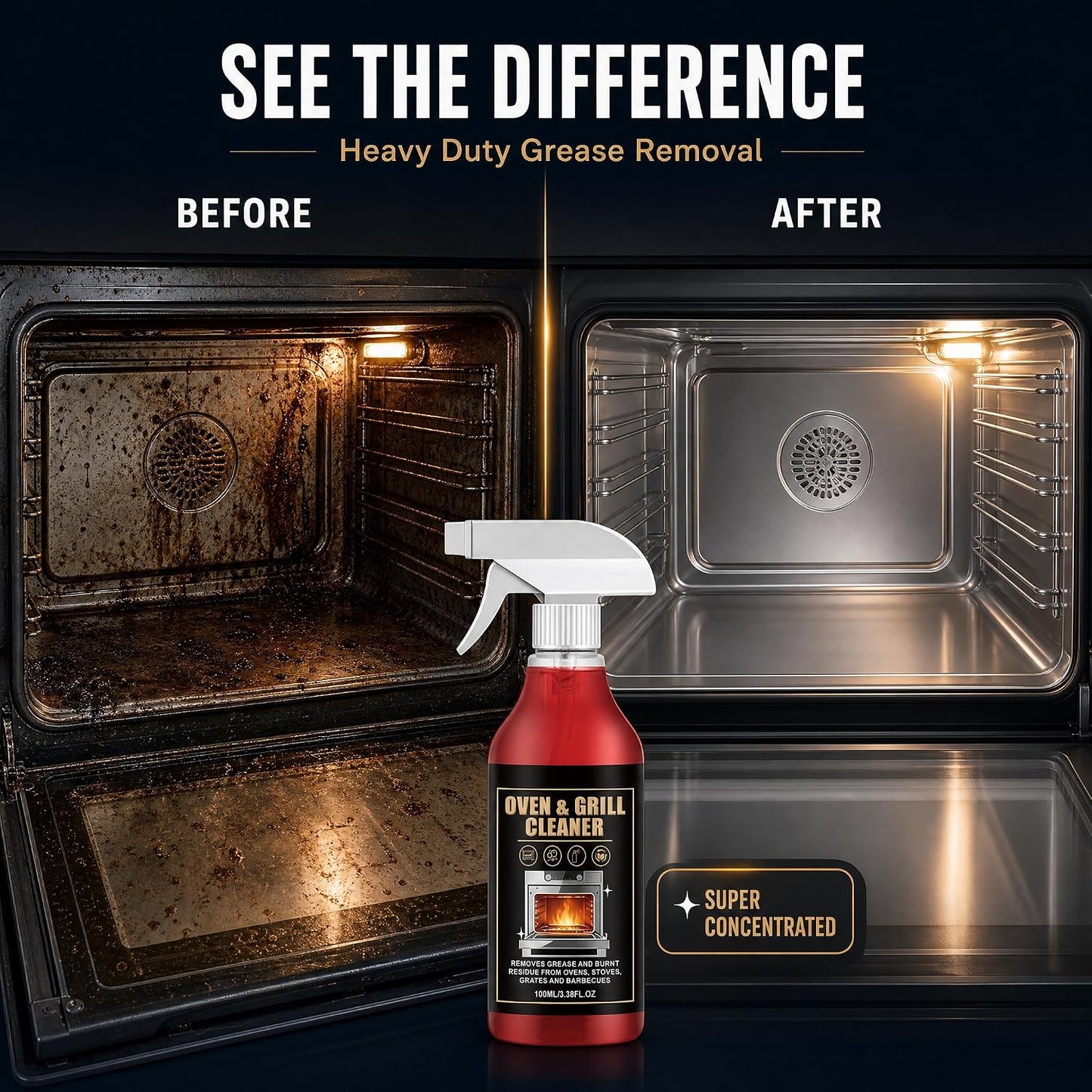 Oven & Grill Cleaner Spray Heavy Duty Super Concentrated Degreaser, No Scrub Formula for Burnt Grease, Air Fryer, BBQ Grates, Stove, Microwave & Kitchen Cookware, Deep Cleaning Solution, 3.38oz/100ML