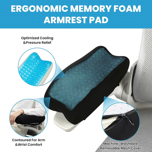 Memory Foam Armrest Pads, Pressure Relief Elbow Cushion, Non-Slip Hook & Loop Straps for Office, Gaming Chair & Wheelchair, Machine Washable, 2-Pack